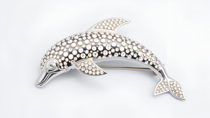 Exquisite dolphin brooch made of silver, inlaid with rhinestones