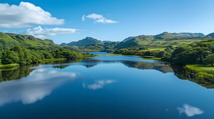 Obraz premium Serene lake reflecting mountains and clouds under a vibrant blue sky.