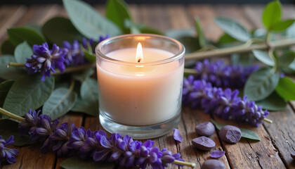 Lit candle with lavender flowers on rustic wooden table