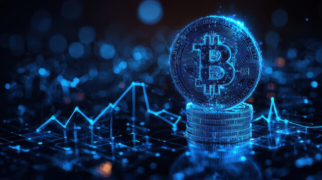 glowing blue bitcoin coin symbolizes digital currency growth and innovation, surrounded by data charts and technology elements