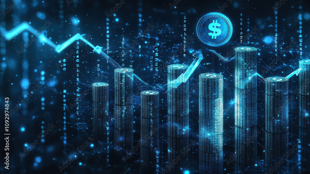 Poster digital illustration of financial growth with blue data visualization, featuring dollar signs and ba