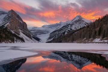 Frozen lake reflecting dramatic sunset over snowy mountains and forest