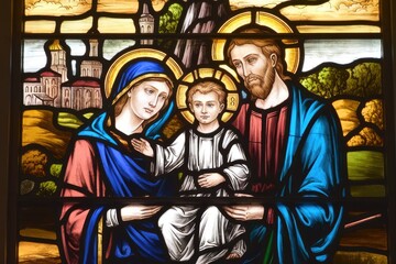 Naklejka premium Holy family stained glass window depicting jesus, mary, and joseph
