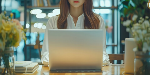 front view close up young asian woman using laptop in cafe work from anywhere study comfortable outfit