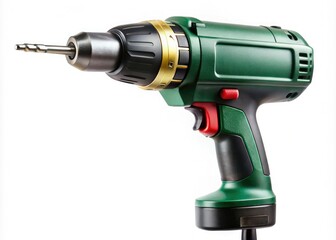 Close-up image of an electric drill on a clean white background, ideal for DIY, home improvement, renovation, and professional construction applications, showcasing its versatility.