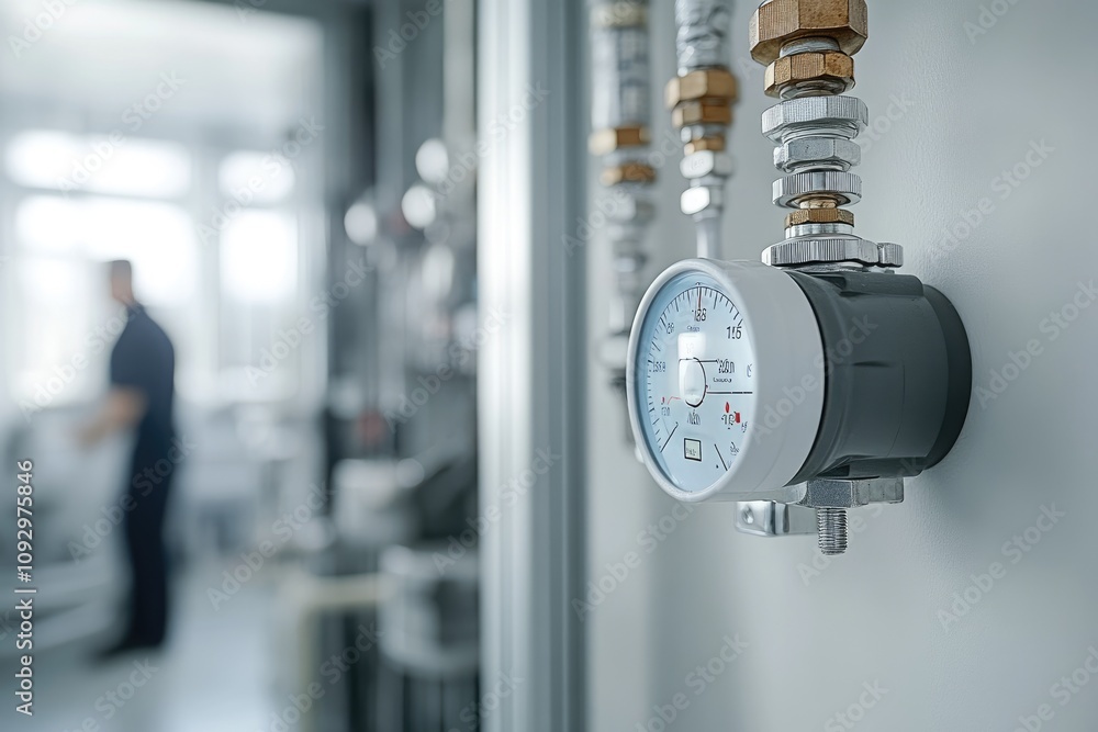 Aufkleber pressure gauge measuring industrial process with scientist working in background