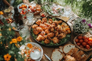 Crispy fried chicken feast on rustic outdoor table setting with fresh garden vegetables