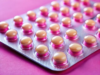Close-up of contraceptive blister pack on pink background, emphasizing health and wellness themes, feminine care, reproductive health, and birth control awareness. A visual representation for womenâ€™