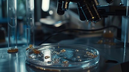 Close-up of stem cells in a petri dish under a microscope, symbolizing medical research and innovation, with scientific equipment in the background.