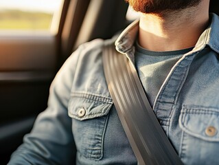 A close-up view of a driver wearing a seatbelt inside a car, emphasizing safety, comfort, and responsible driving practices.