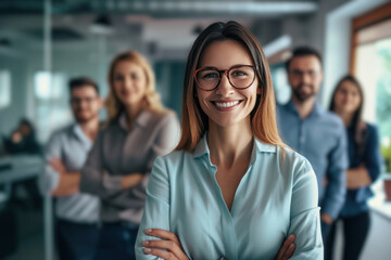 outstanding confidence business woman with glasses person and good teamwork support promotion to up position leader supervisor manager smile and happy