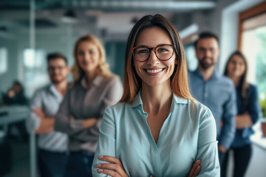 outstanding confidence business woman with glasses person and good teamwork support promotion to up position leader supervisor manager smile and happy