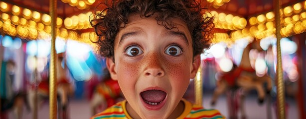 Obraz premium Close-up of a wide-eyed, freckled child expressing excitement while riding a colorful, illuminated carousel at a carnival.