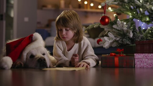 Sweet boy and his dog lying on floor by Christmas tree writing letters to Santa Claus. Cinematic ad, festive spirit and joy of holidays. Boy whispers to dog, shares innermost desires with furry friend