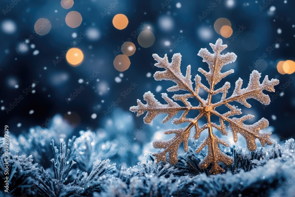 Poster glittering snowflake ornament resting on snowy pine branches during a winter snowfall