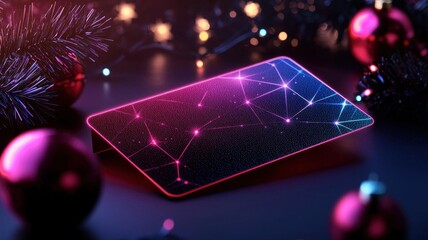 A vibrant smartphone with a glowing network design surrounded by festive decorations and holiday ornaments.