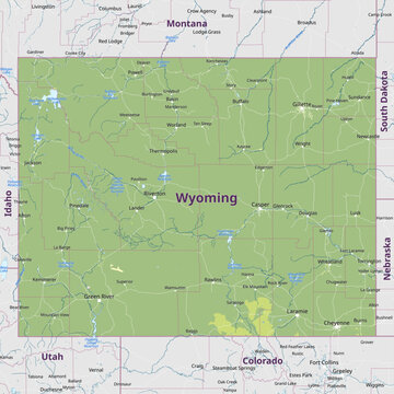 Physical political map of Wyoming, United States