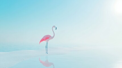 Obraz premium A serene pink flamingo stands gracefully in calm waters under a soft blue sky.