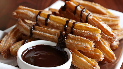 A platter of crispy churros served with rich chocolate dipping sauce, a classic Spanish dessert enjoyed for breakfast or as a sweet snack.