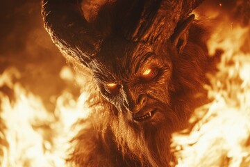 Scary devil emerging from fire and flames of hell
