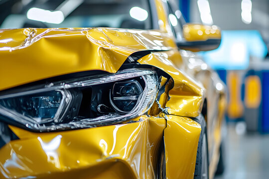 Professional auto body repair on white background after yellow car collision in modern workshop