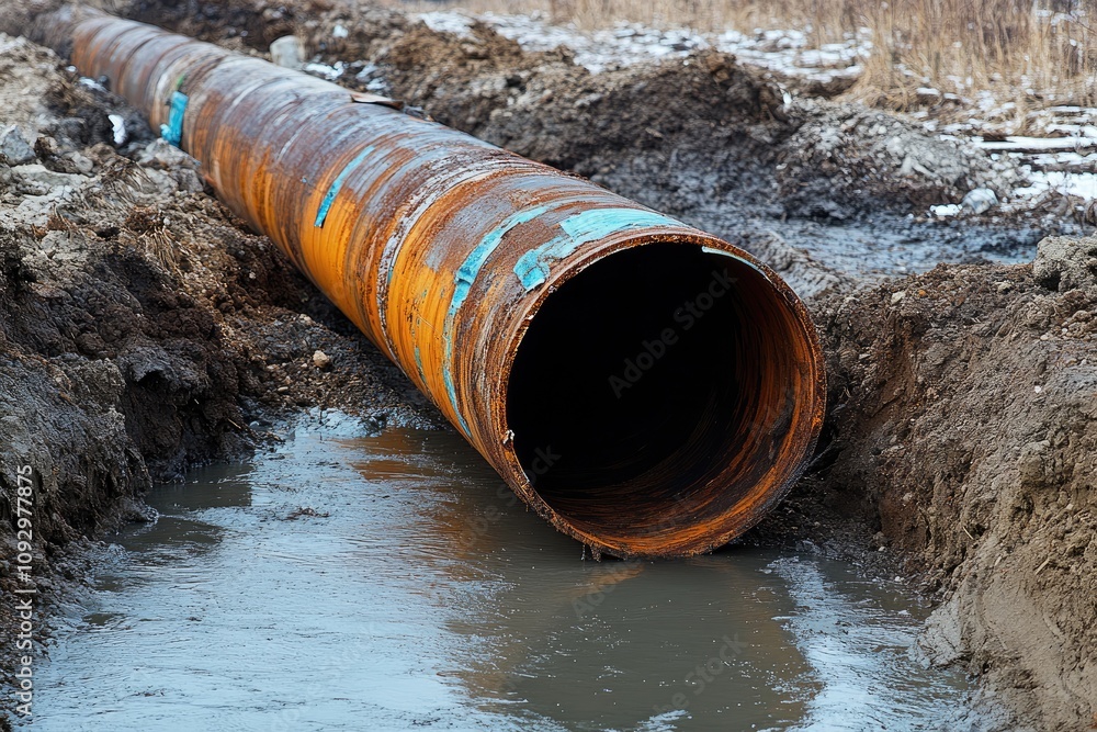 Poster large rusty pipe laying in muddy ditch during pipeline construction