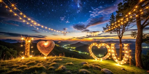 Night Photography of a Beautiful 'I Love You' Symbol Illuminated with Soft Glow Under the Stars, Capturing the Essence of Romance and Affection in a Serene Setting