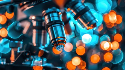 Close-up of stem cells in a petri dish under a microscope, symbolizing medical research and innovation, with scientific equipment in the background.