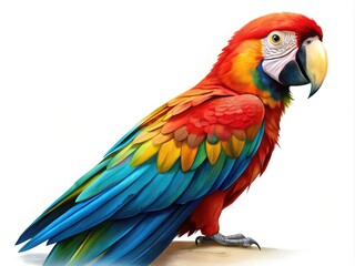 Naklejka premium Colorful parrot isolated on a white background, ideal for nature themes. Perfect for creative projects, illustrations, and stock photography with ample space for text.