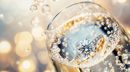 Elegant Engagement Ring Submerged in Sparkling Champagne Glass with Golden Bubbles and Bokeh Background. Celebratory Proposal Concept with Luxury Jewelry