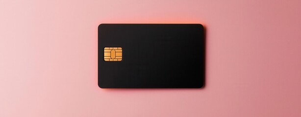 Naklejka premium Modern black credit card on a soft pink background, ideal for financial and banking concepts.