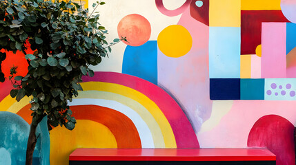 A vibrant mural featuring colorful shapes and a potted plant against a playful background.