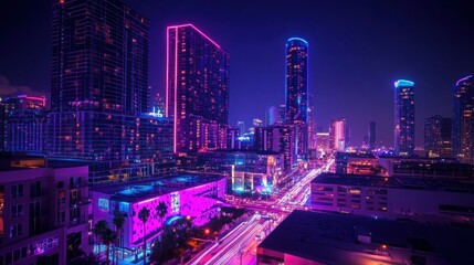 Fototapeta premium Vibrant Night Cityscape with Neon Lights and Skyscrapers