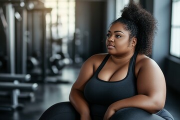 Confident plus size woman standing in a fitness center, embracing body positivity and health. Overweight and obesity concept