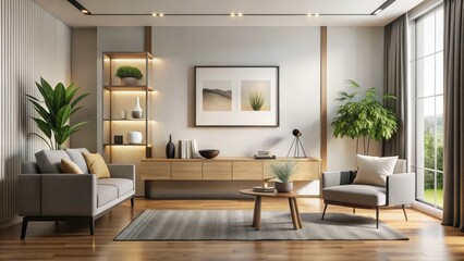 Fototapeta premium Contemporary home decor features a modern minimalist living room with a black poster frame, sleek white cabinet, and stylish wooden shelf for an inspired atmosphere.