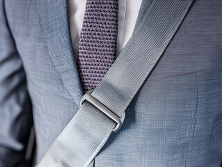 Close-up of a businessman in a gray suit and tie wearing a seatbelt, symbolizing safety, professionalism, and responsibility.