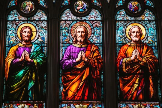 Praying saints depicted in vibrant stained glass church windows