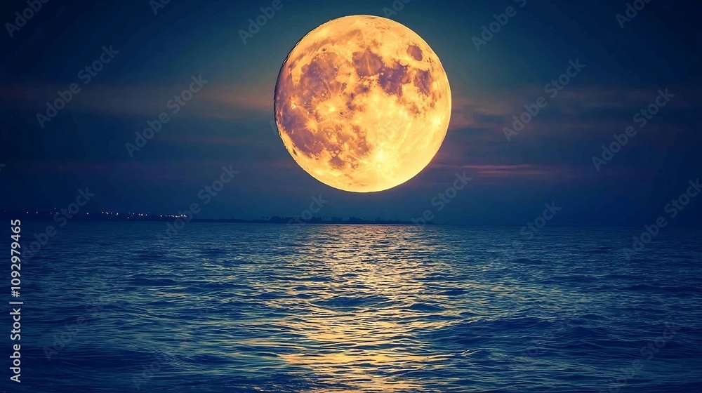 Poster a breathtaking full moon rising over a tranquil ocean its luminous glow creating a shimmering path o
