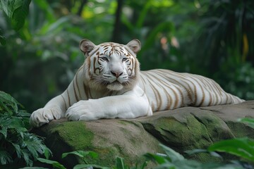 White bengal tiger resting on rock in lush green jungle - Powered by Adobe