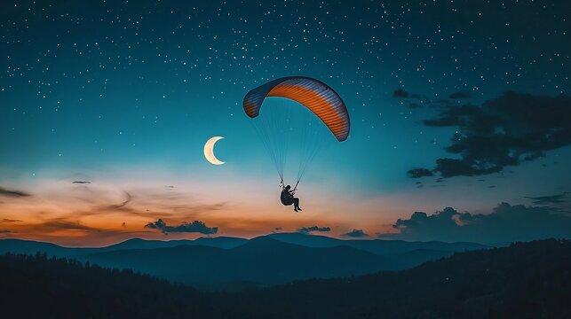 A breathtaking shot of a paraglider ascending toward a glowing crescent moon with stars scattered across the dramatic starry night sky  This majestic