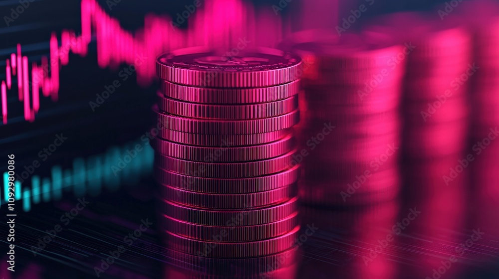 Poster stacked coins reflecting stock market data analysis in pink and teal