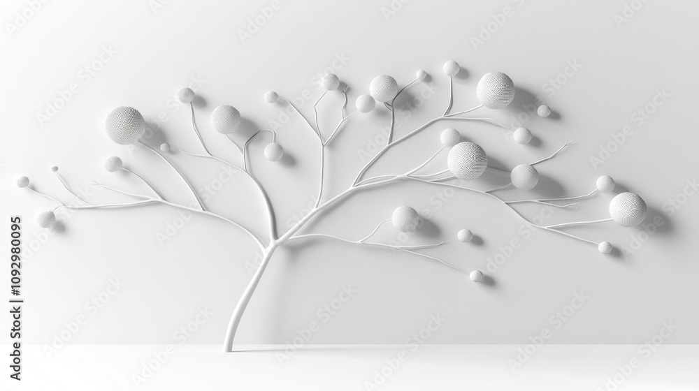 Poster abstract white tree design with spherical elements on a minimalist background.