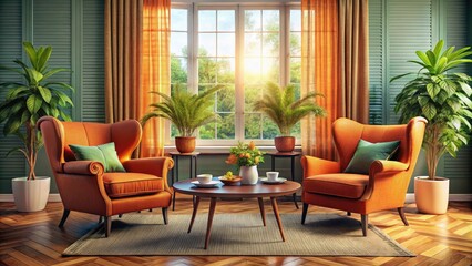 Cozy vintage living room featuring an orange coffee table, stylish armchairs, vibrant plants by the window, and creative banner space for a modern aesthetic.