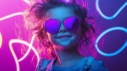 A captivating portrait of a young girl with messy curly hair wearing oval purple sunglasses and a mischievous smile surrounded by a vibrant gradient background of neon and geometric patterns