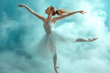 Fototapeta premium Elegant, artistic, gentle ballerina in white clouds on a blue background. The concept of classical dance, choreography, inspiration. Generated by artificial intelligence