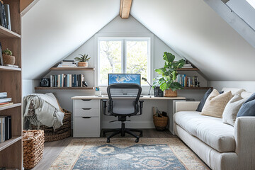 Revamped attic turned into a modern home office space, remote work station.