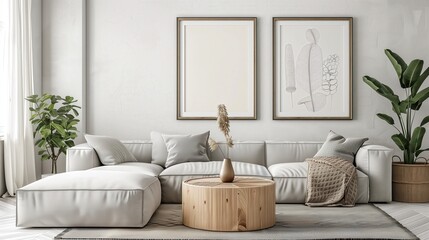 Picture frame mockup in minimalist beige living room with sofa. Modern cozy home decor, natural tones