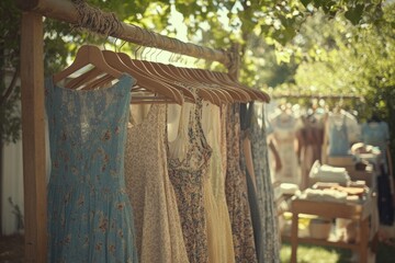 Outdoor rack displaying vintage floral dresses