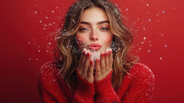 Snowflakes falling as woman in red sweater blows kisses.