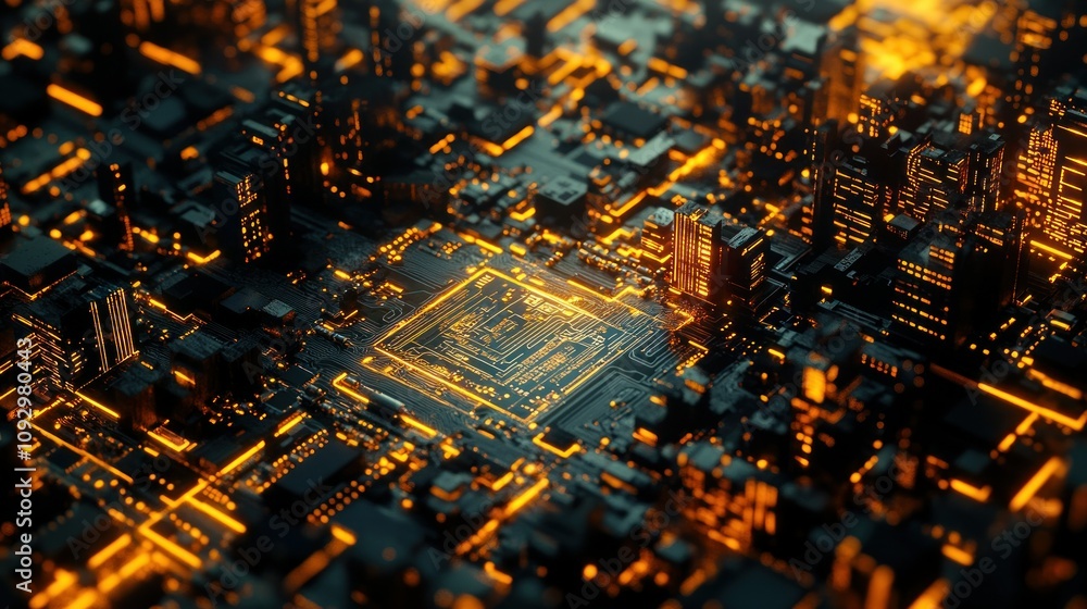 Poster futuristic cityscape with glowing circuit patterns